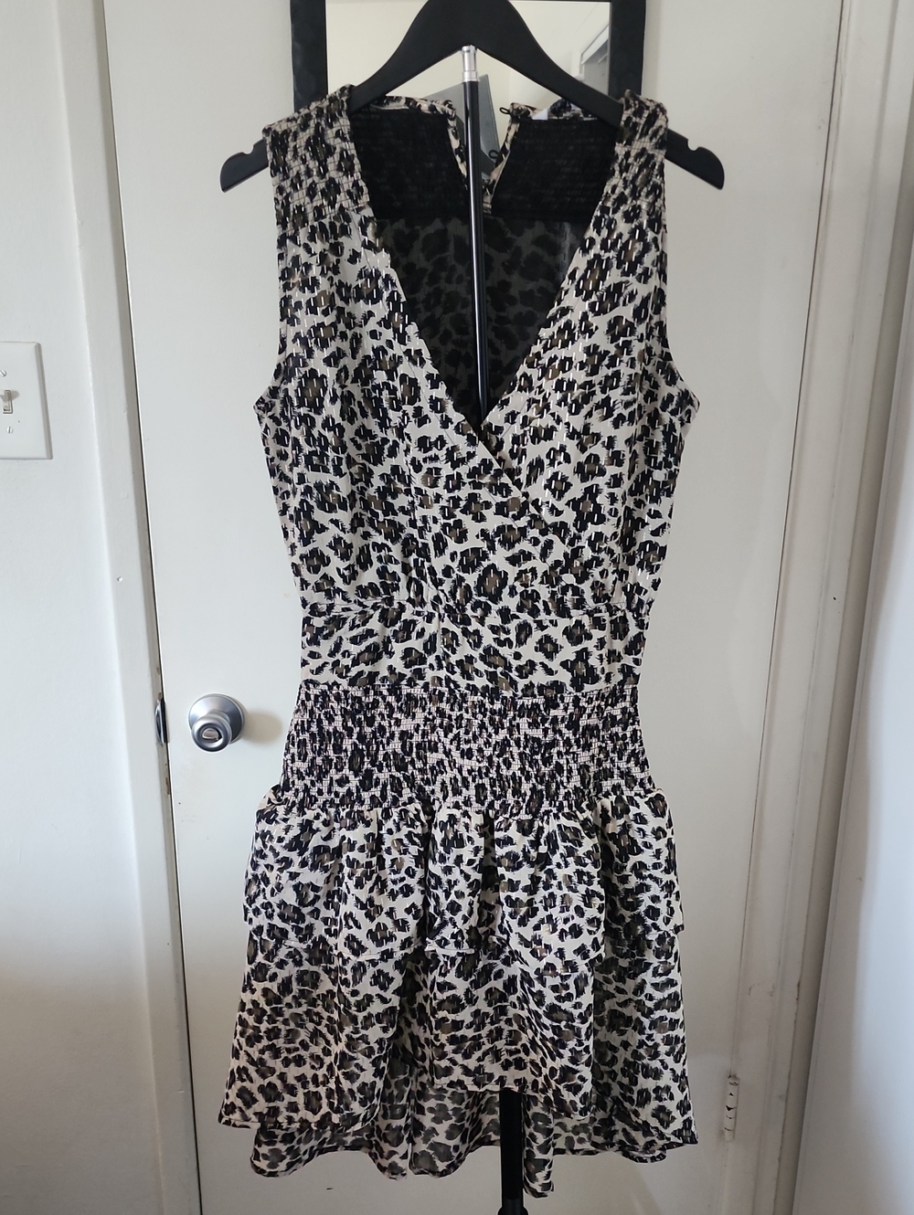 Walter Baker Leopard Print Smocked Waist Ruffle Mini Dress Black White